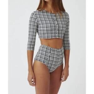 LISA MARIE FERNANDEZ Black White Seersucker Cropped Coverup Swim Cardigan Size 1